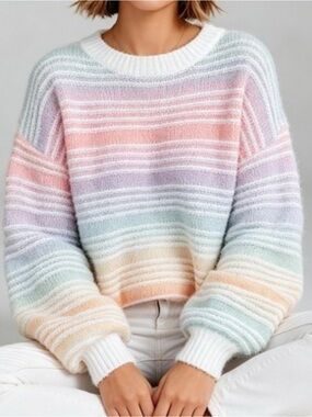 Pastel Rainbow Stripe Crewneck Sweater Women's M